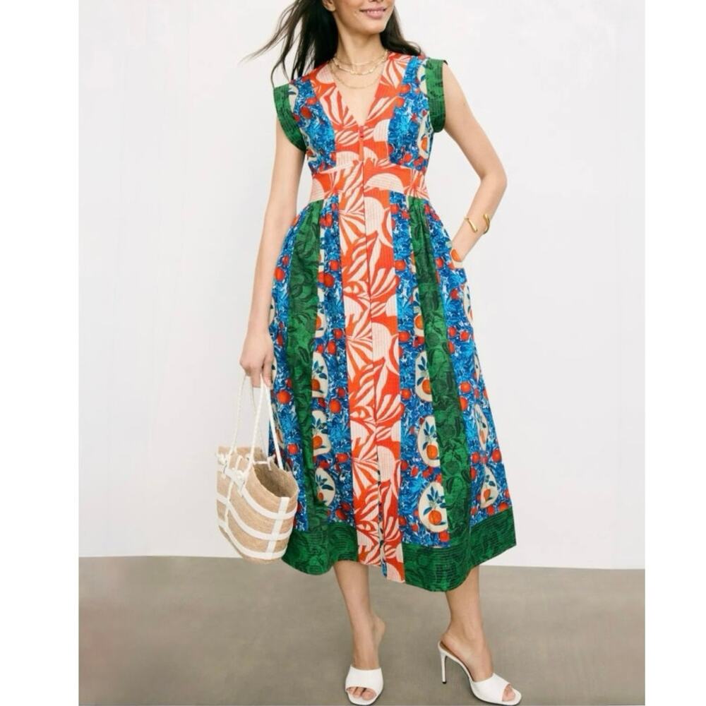 Hunter Orange, Blue & Green Floral Patchwork Midi Dress flaw